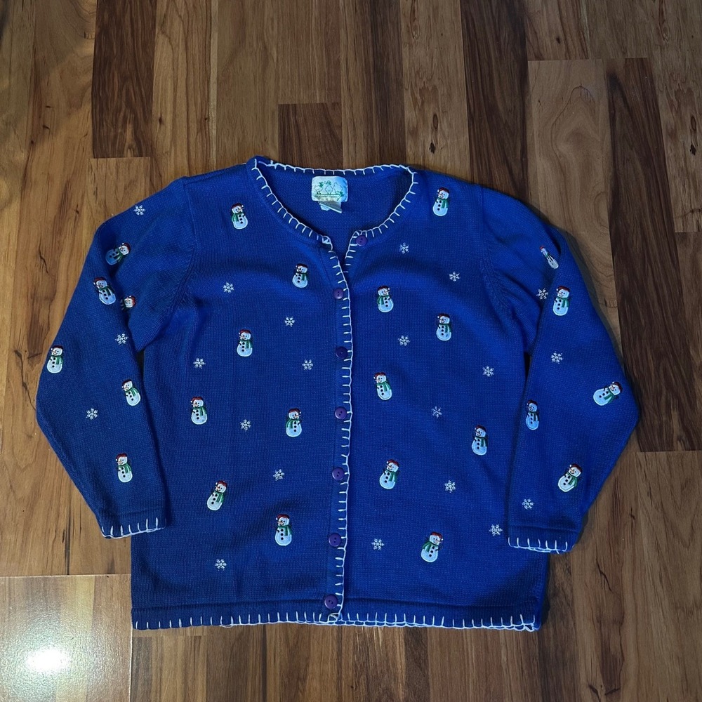 Quacker Factory Blue Snowman Embroidered Cardigan Christmas Sweater Women Medium